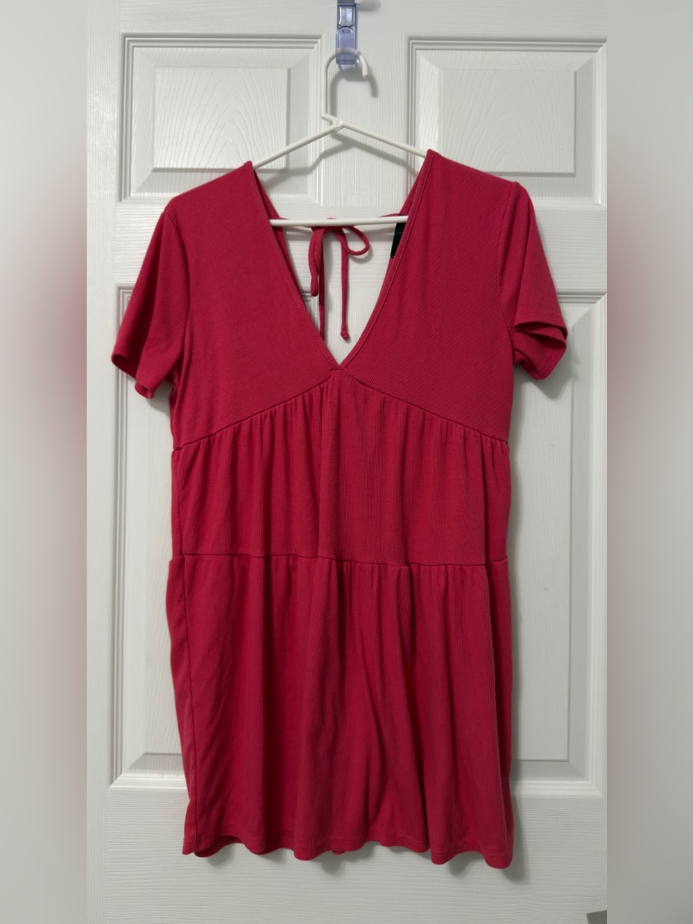 Deep Pink V-Neck Tiered Short Sleeve Tunic